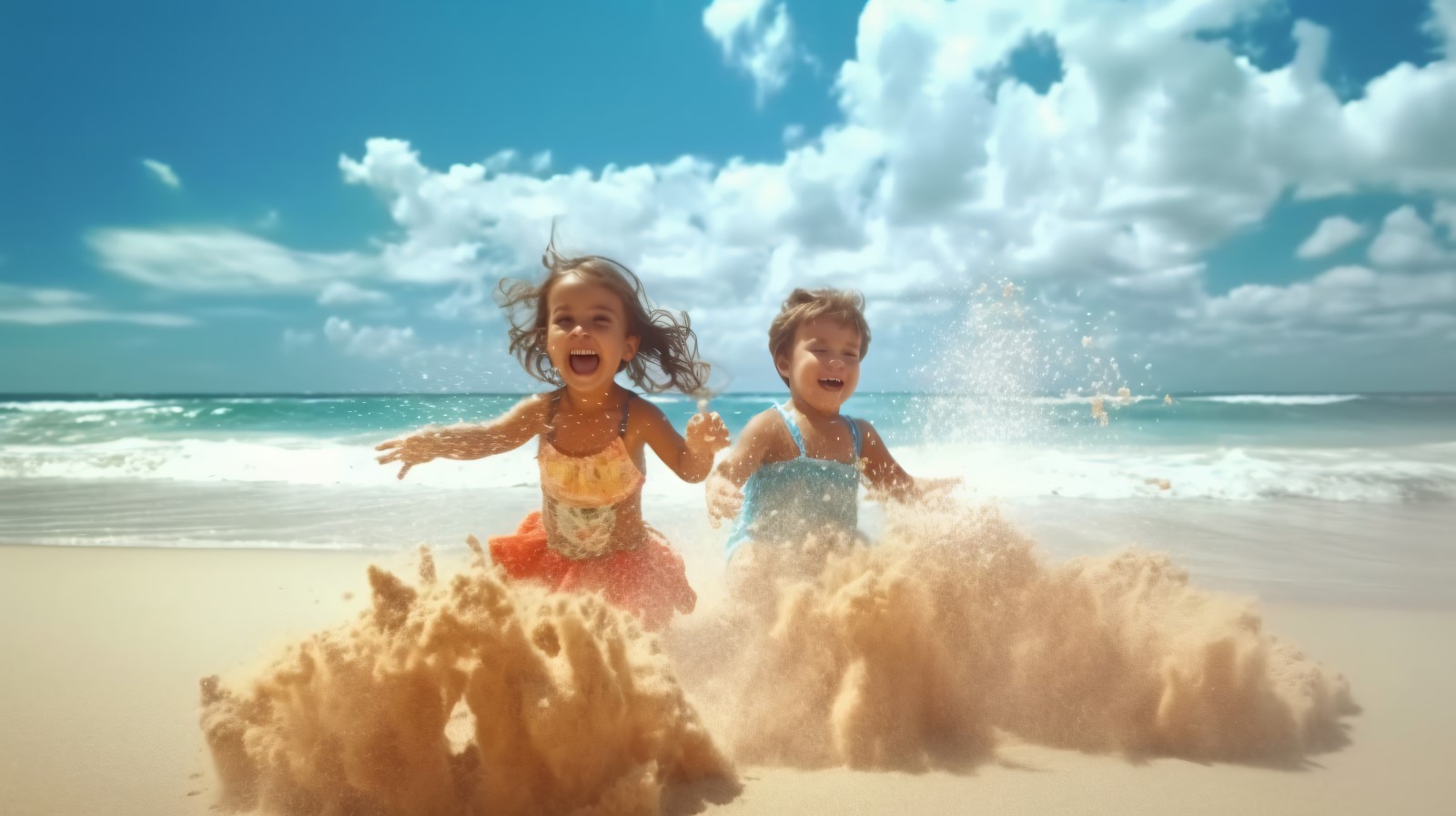 Kids playing with sand in beach scene 232