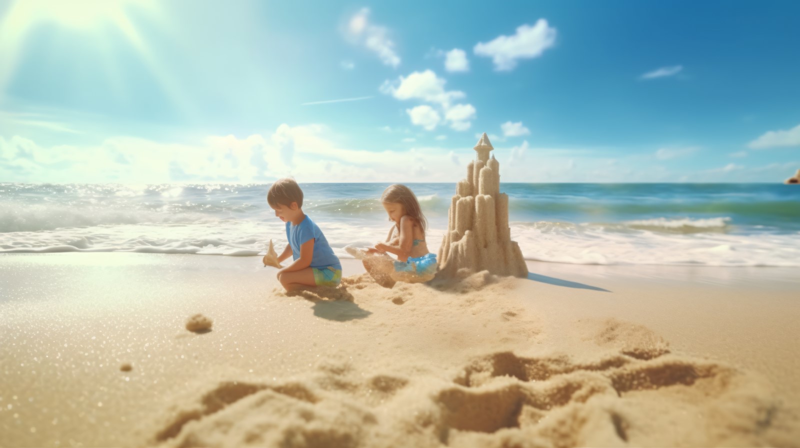Kids playing with sand in beach scene 237