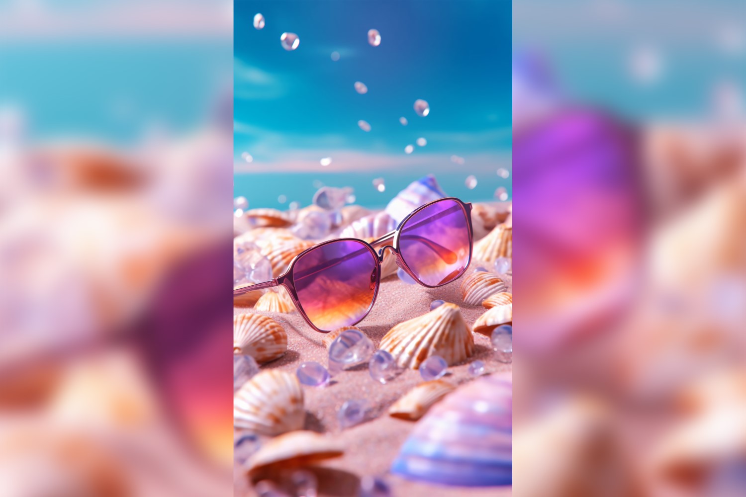Beach sunglasses and seashells falling summer background 298
