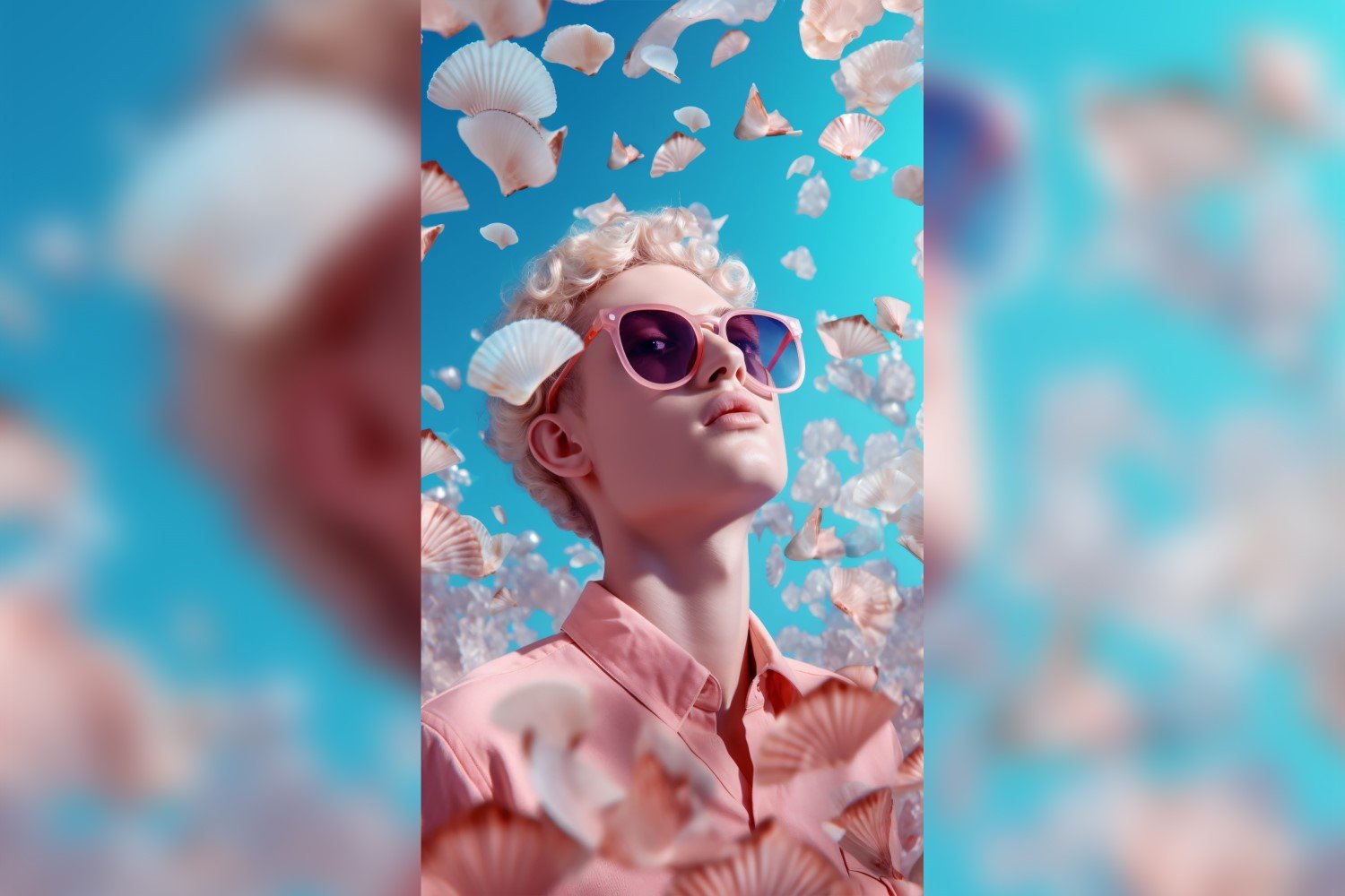 Sunny day Boy with sunglasses seashells falling background 301