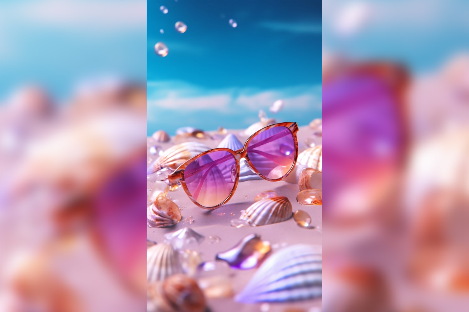 Beach sunglasses and seashells falling summer background 303