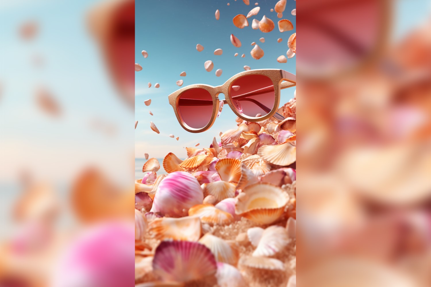 Beach sunglasses and seashells falling summer background 306