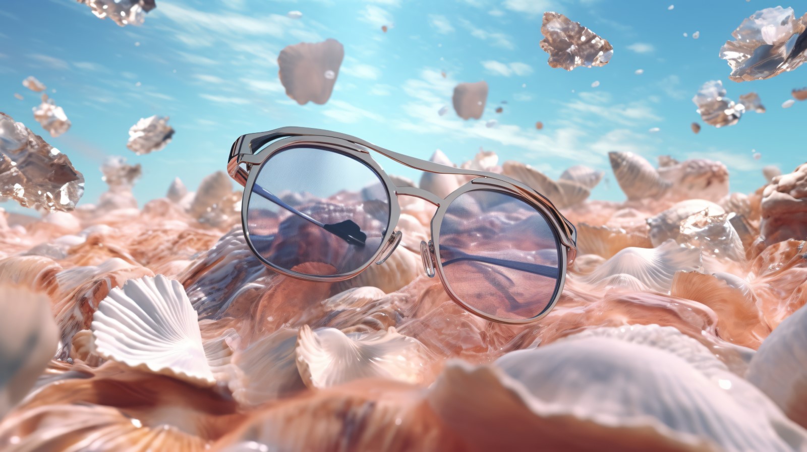 Beach sunglasses and seashells falling summer background 310