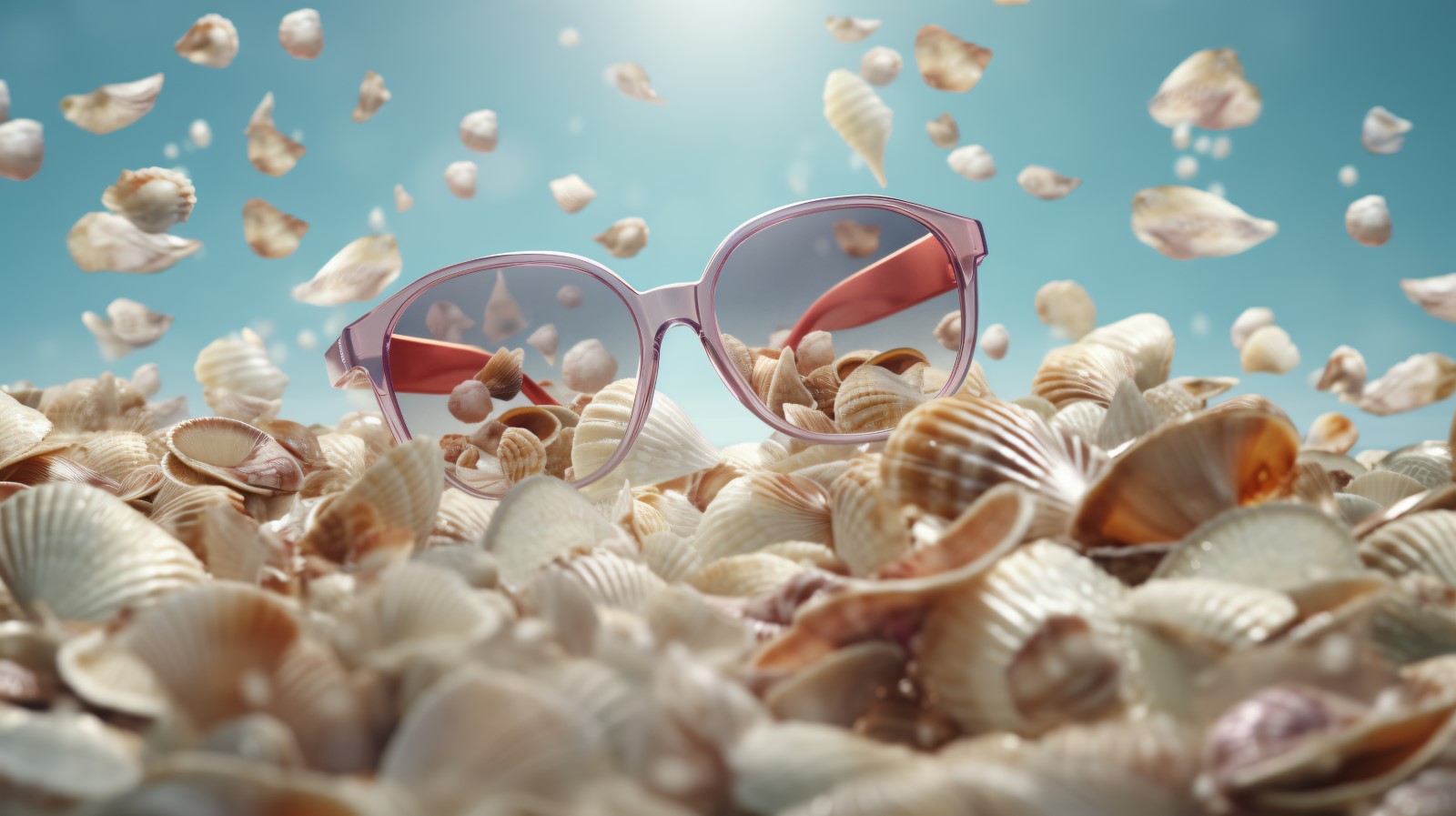 Beach sunglasses and seashells falling summer background 313