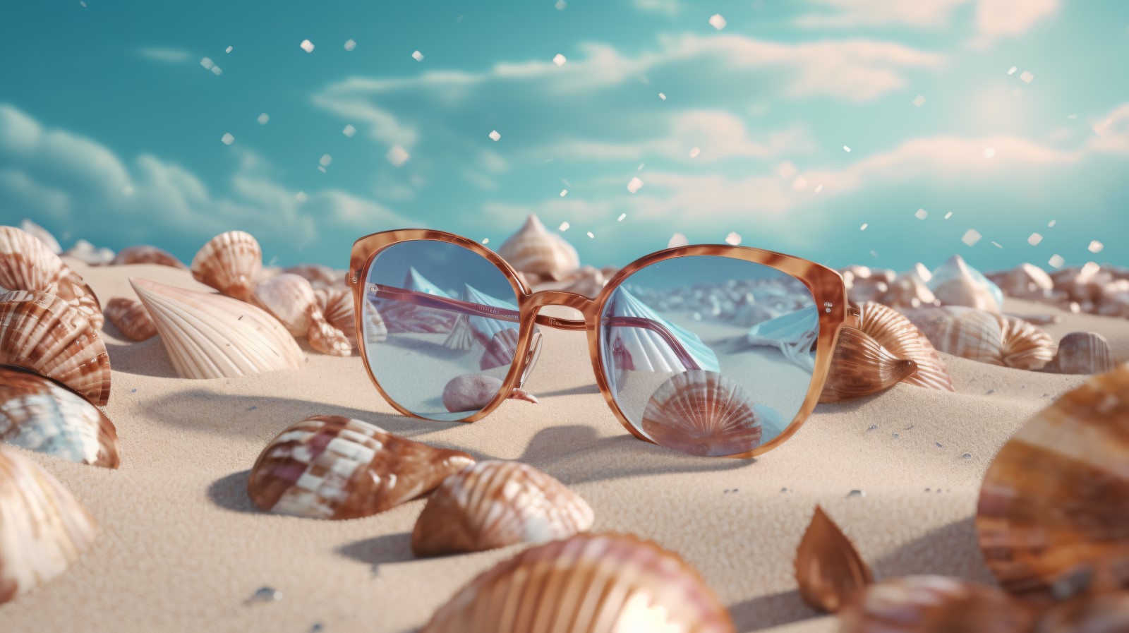 Beach sunglasses and seashells falling summer background 315