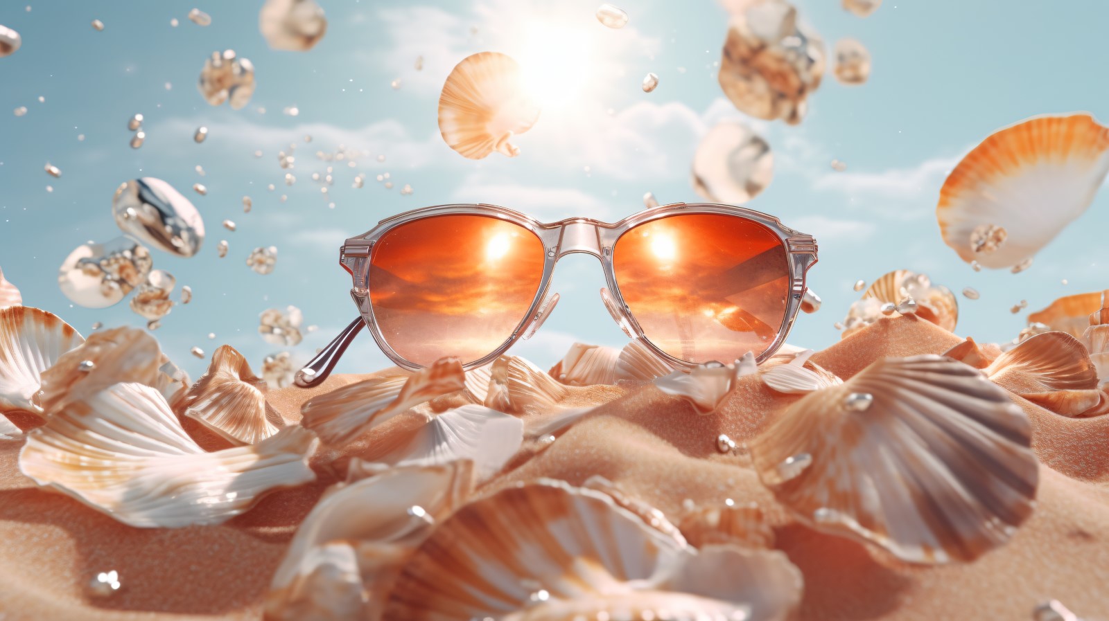 Beach sunglasses and seashells falling summer background 312