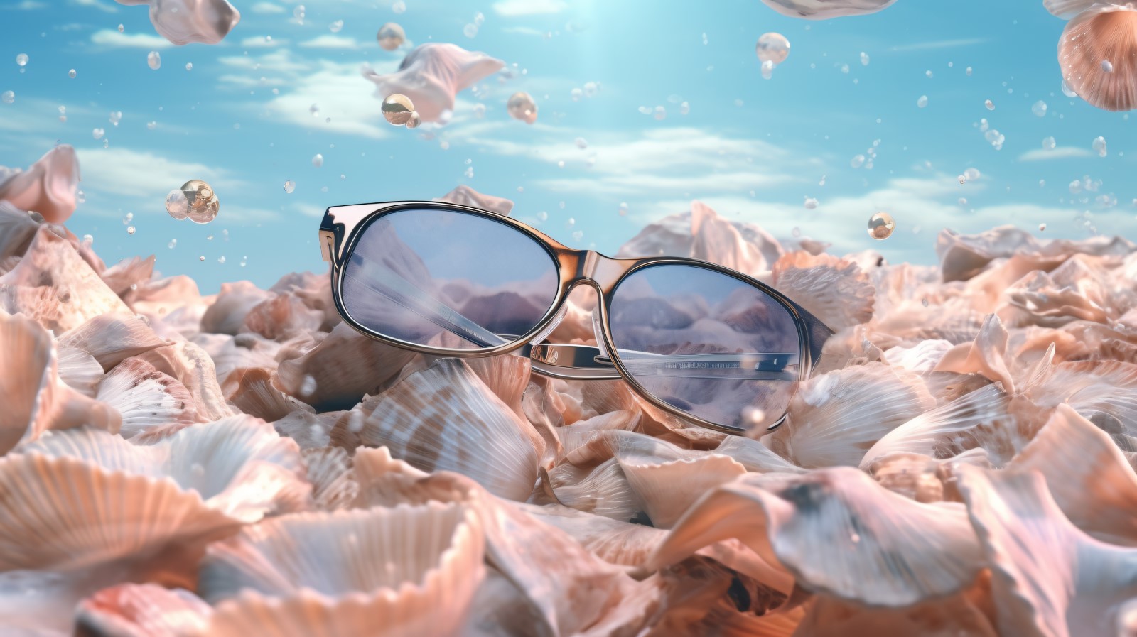 Beach sunglasses and seashells falling summer background 317