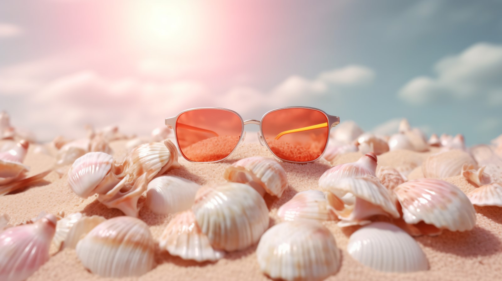 Beach sunglasses and seashells falling summer background 314