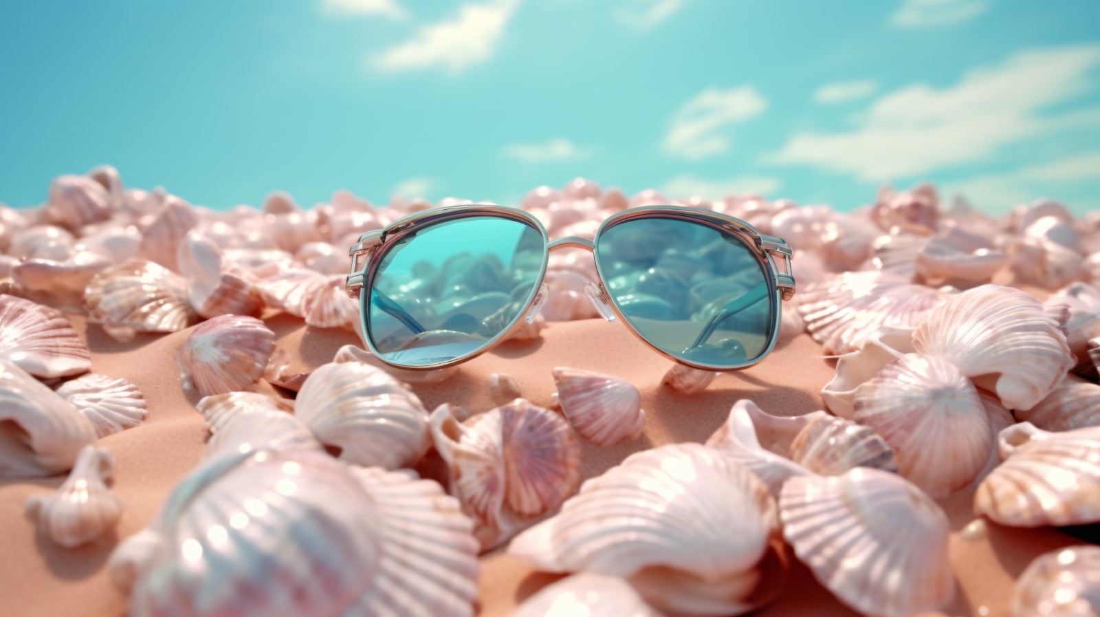Beach sunglasses and seashells falling summer background 319