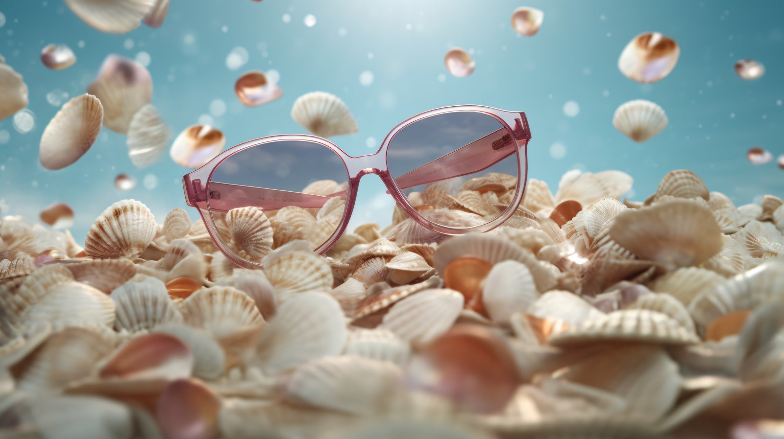 Beach sunglasses and seashells falling summer background 320