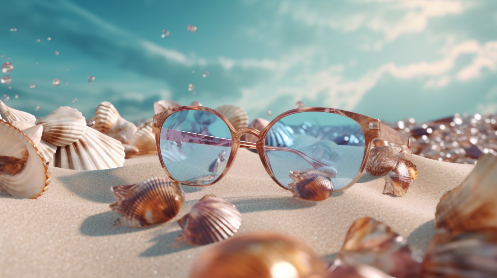 Beach sunglasses and seashells falling summer background 321