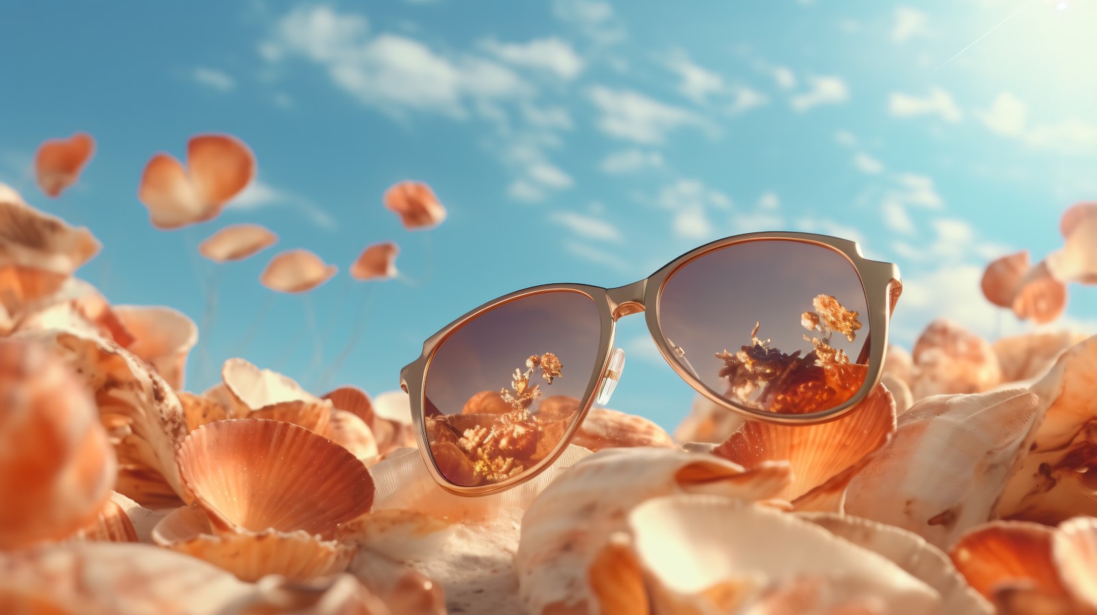 Beach sunglasses and seashells falling summer background 323