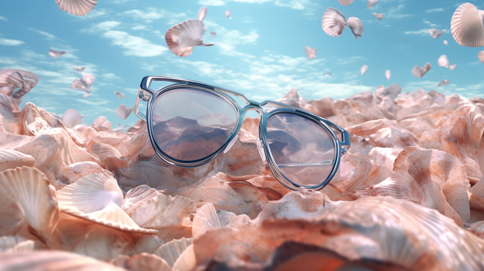 Beach sunglasses and seashells falling summer background 318