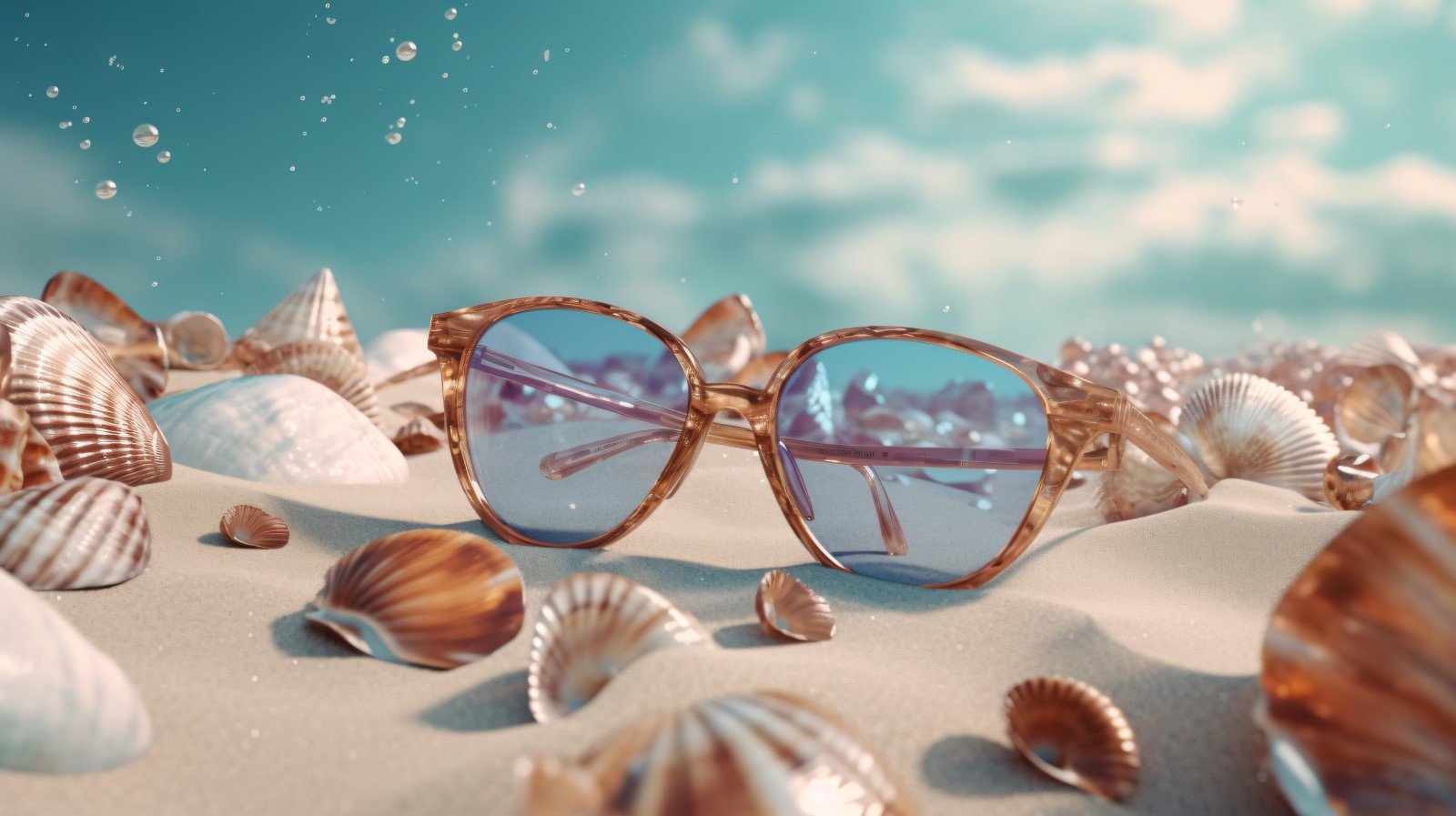 Beach sunglasses and seashells falling summer background 324