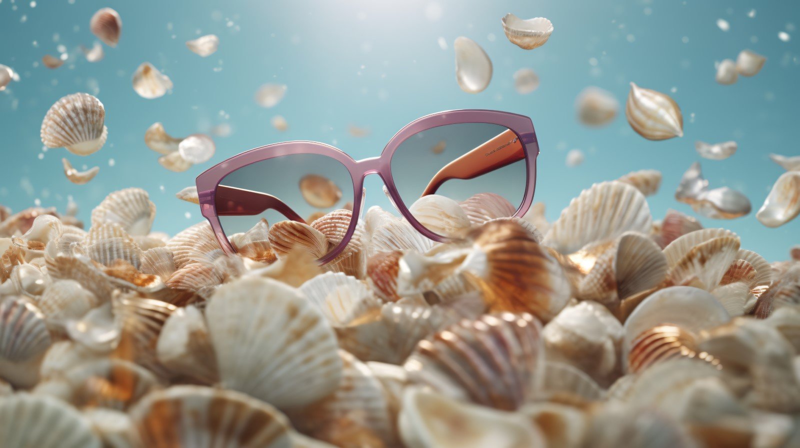 Beach sunglasses and seashells falling summer background 327