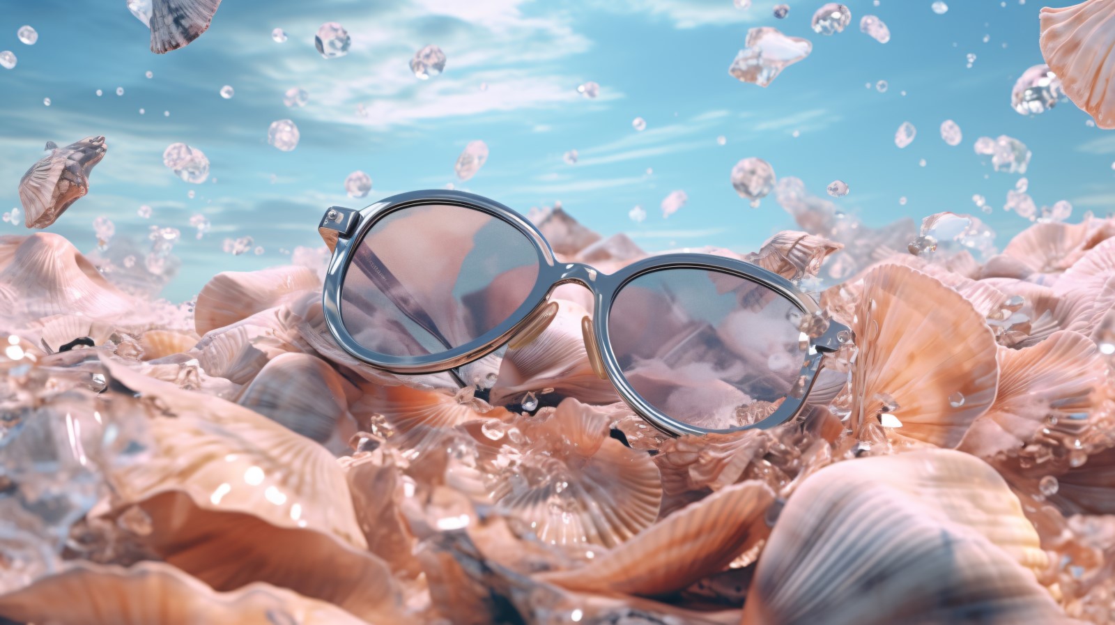 Beach sunglasses and seashells falling summer background 329