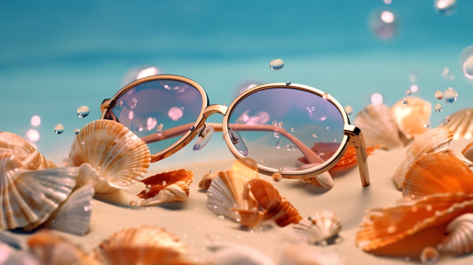 Beach sunglasses and seashells falling summer background 322