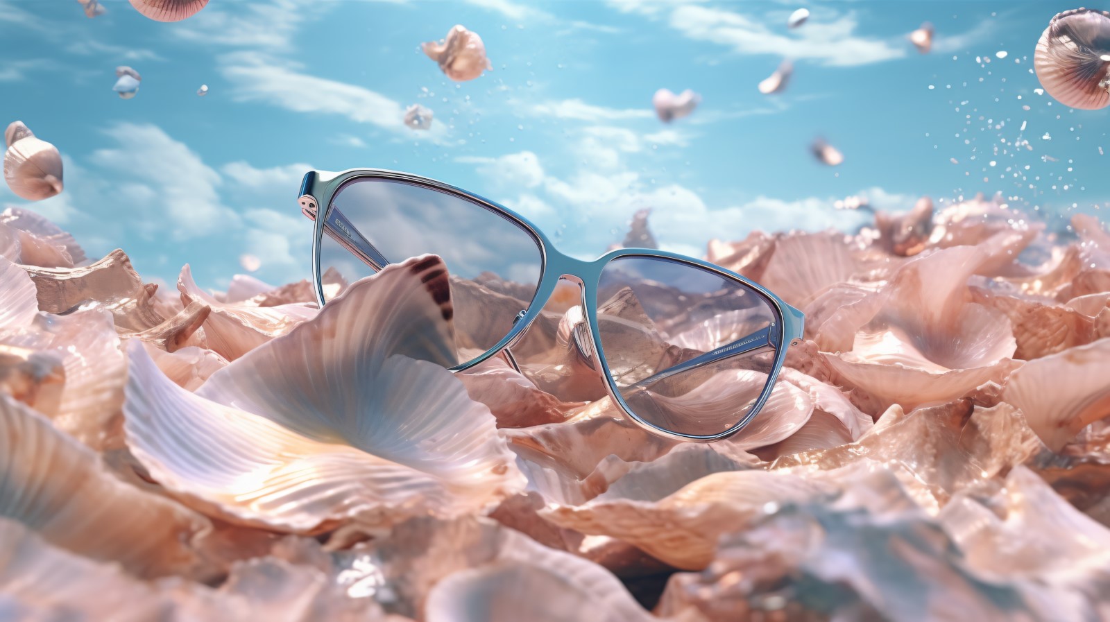 Beach sunglasses and seashells falling summer background 326