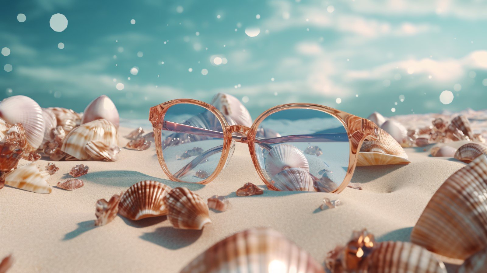 Beach sunglasses and seashells falling summer background 330