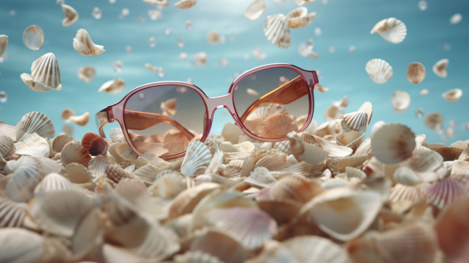 Beach sunglasses and seashells falling summer background 332