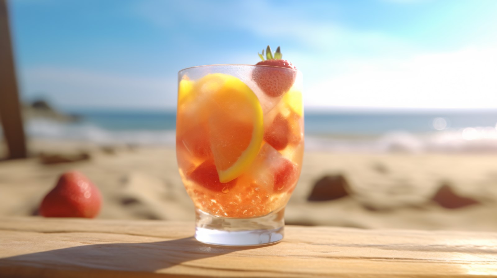 Summer sandy beach with fruit ice drink 346