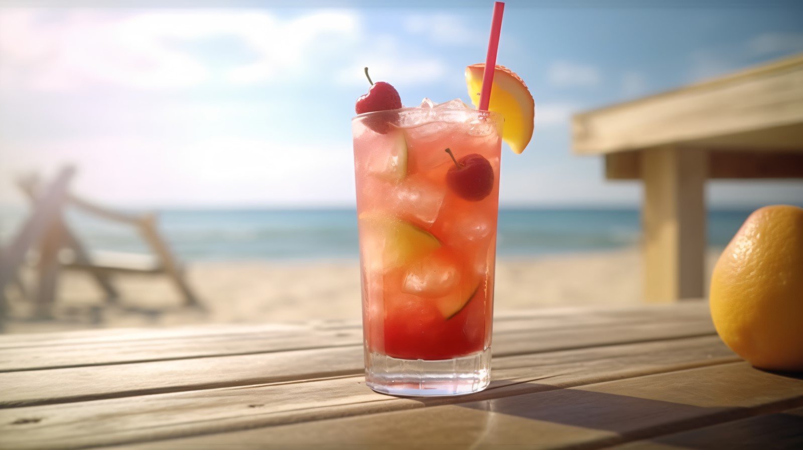 Summer sandy beach with fruit ice drink 347