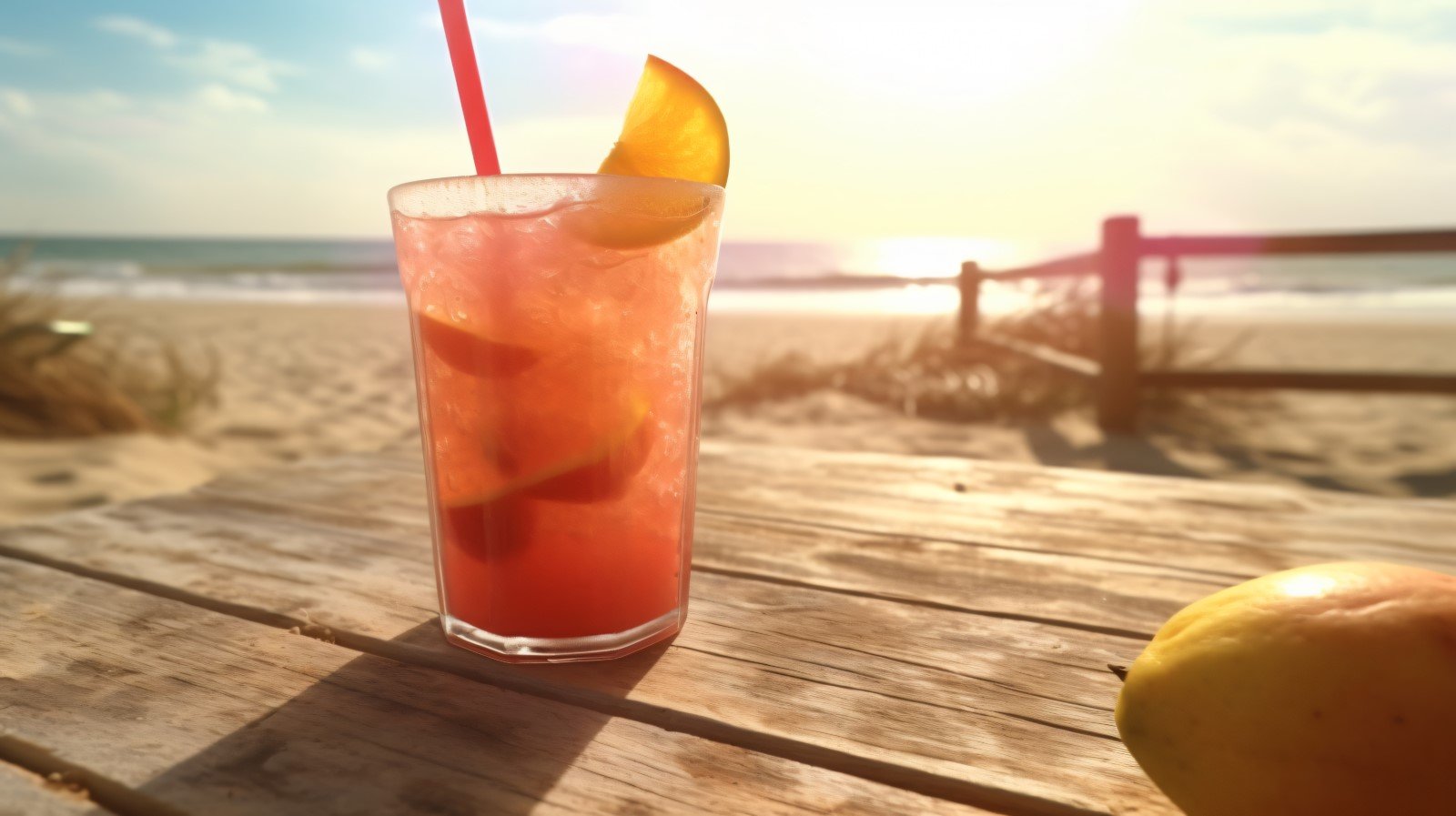 Summer sandy beach with fruit ice drink 348