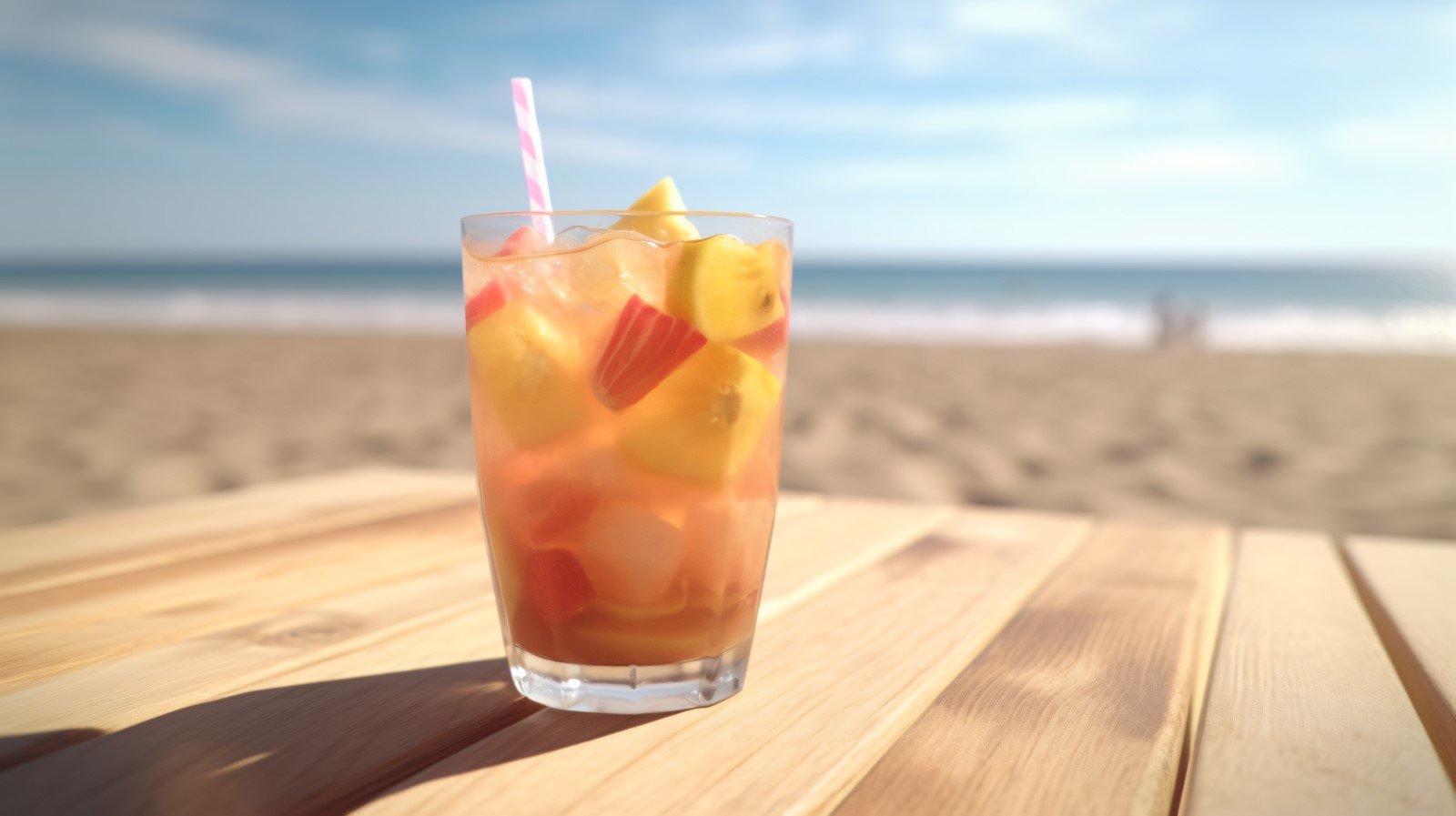 Summer sandy beach with fruit ice drink 350