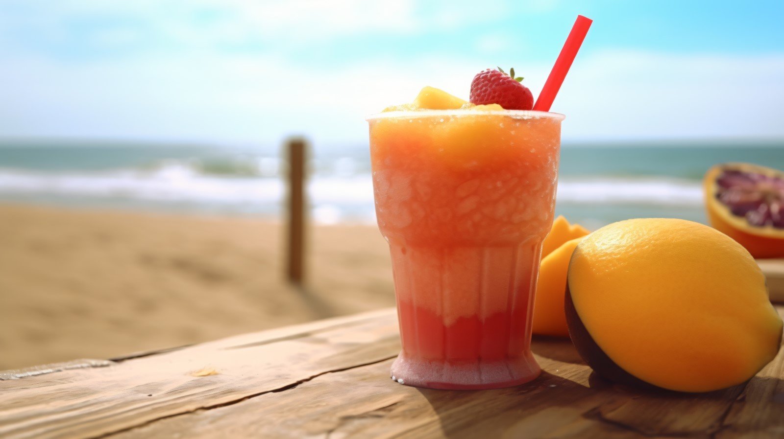 Summer sandy beach with fruit ice drink 351