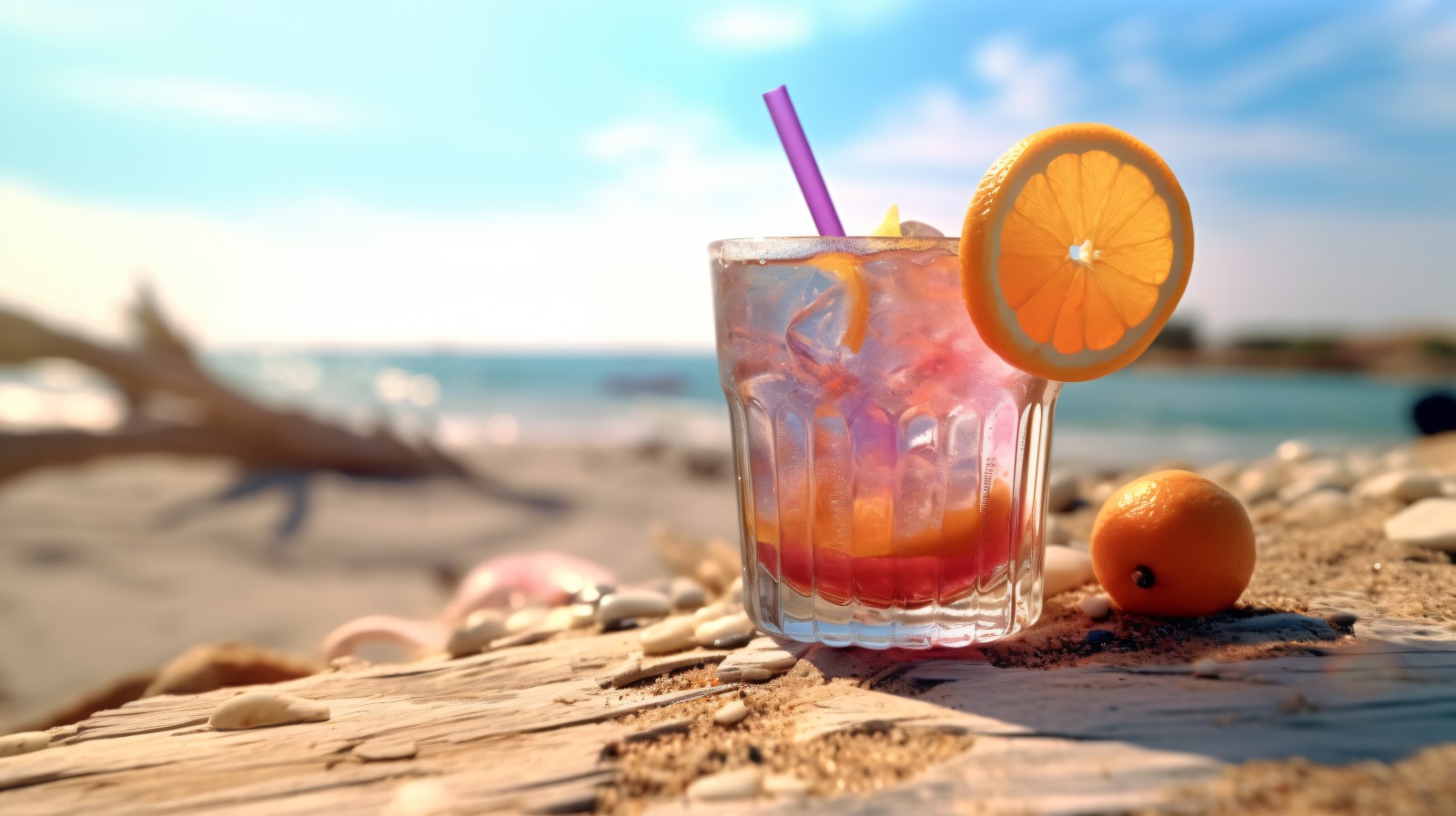 Summer sandy beach with fruit ice drink 352