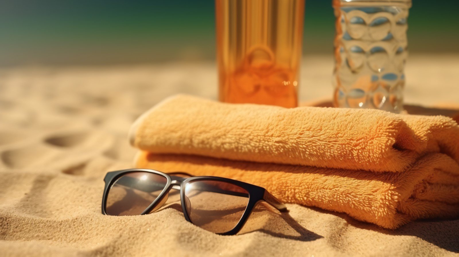 Stack of towels, sunglasses and tanning oil bottle 362