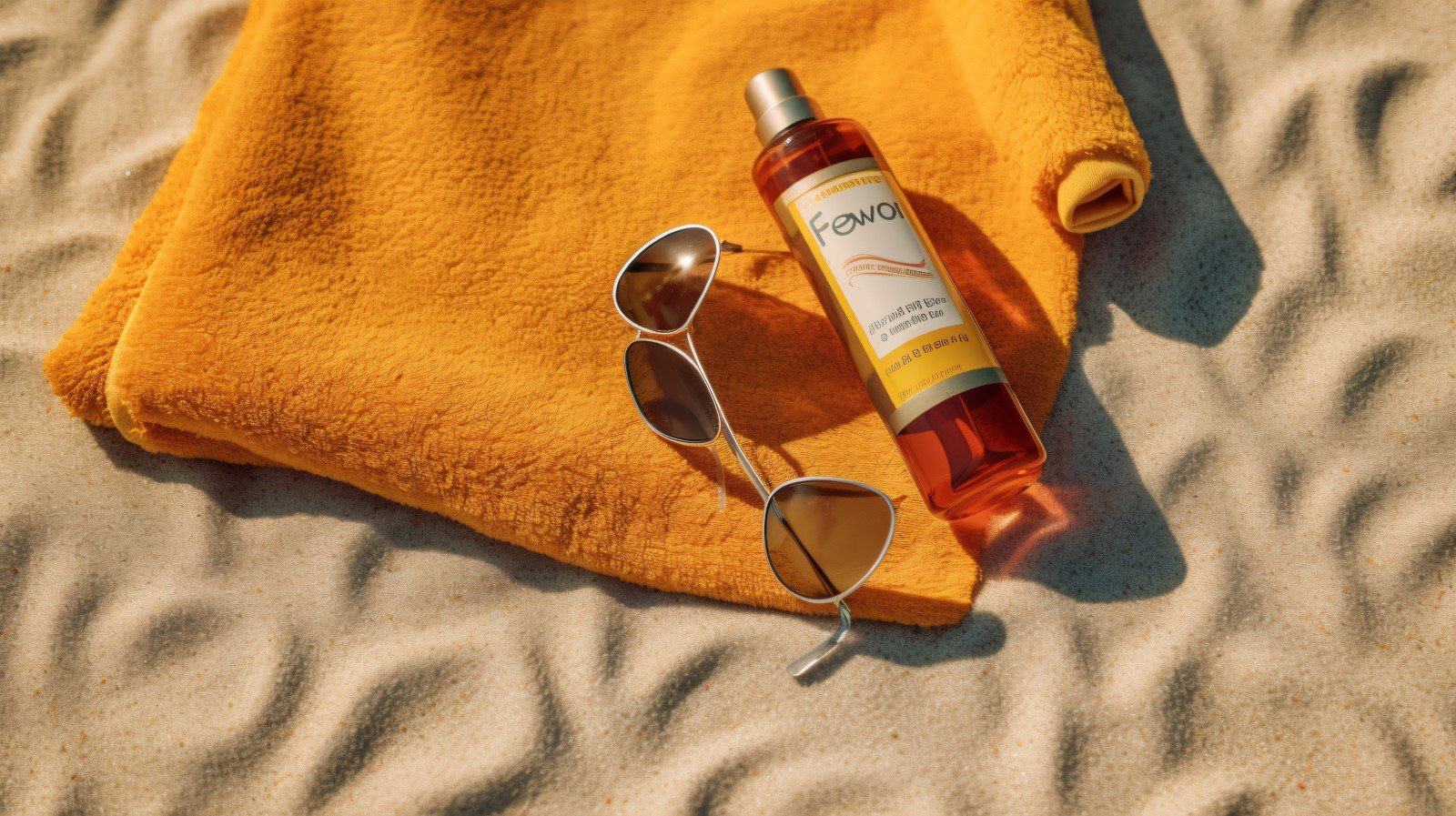 Stack of towels, sunglasses and tanning oil bottle 363