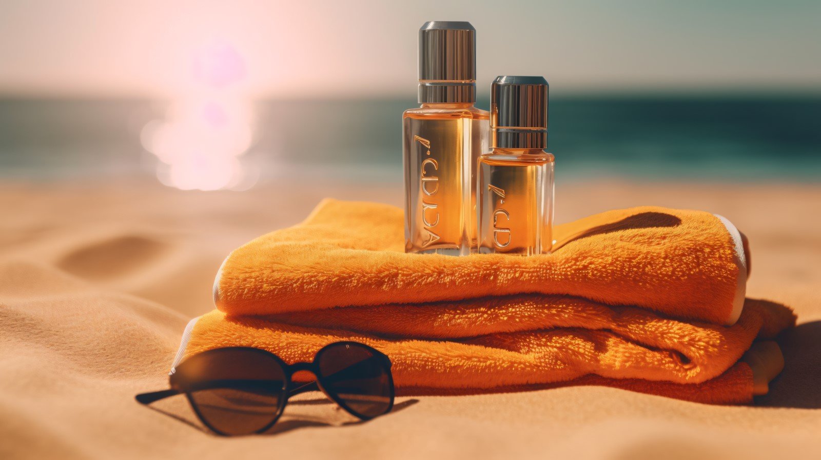 Stack of towels, sunglasses and tanning oil bottle 364