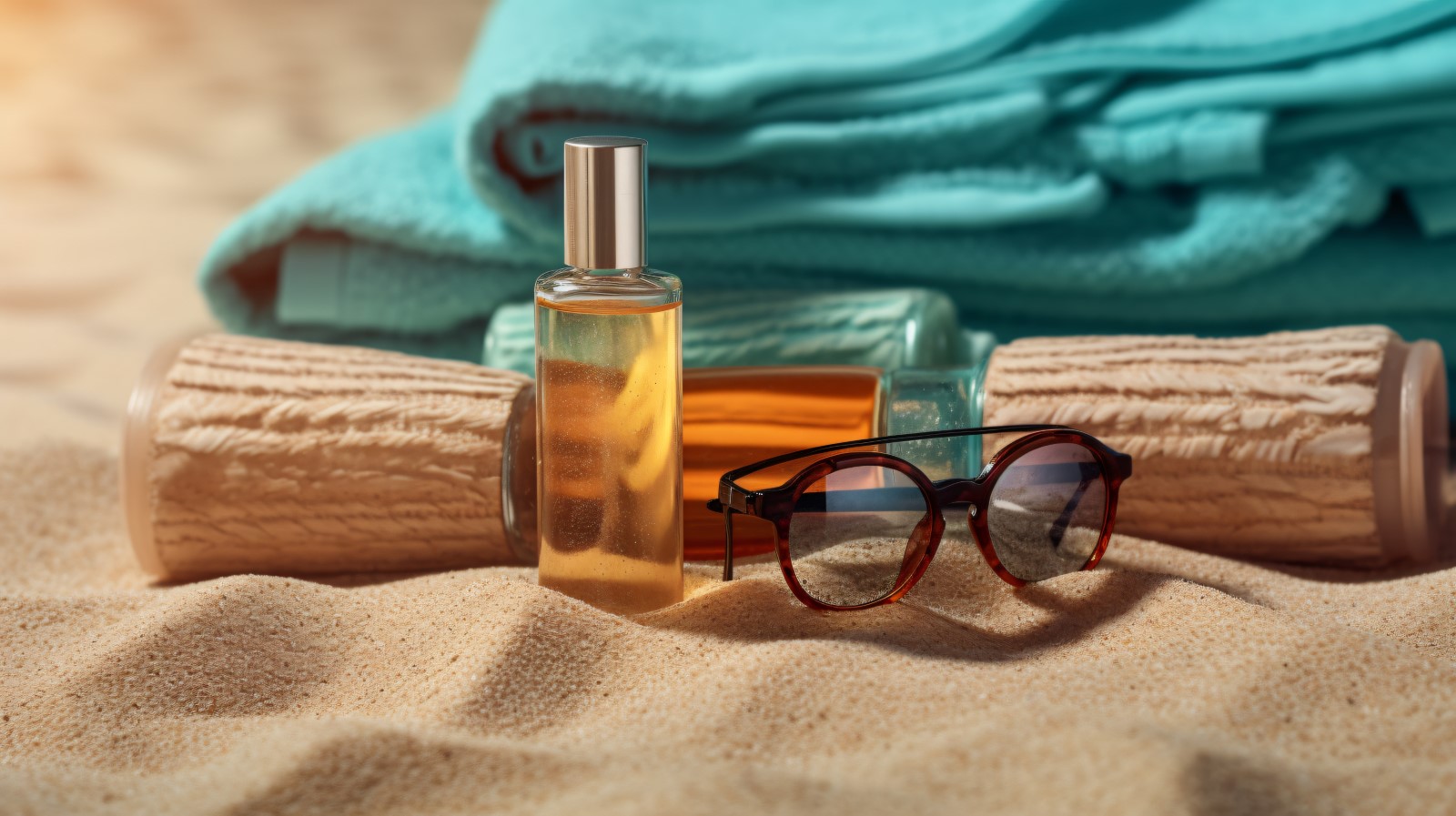 Stack of towels, sunglasses and tanning oil bottle 365