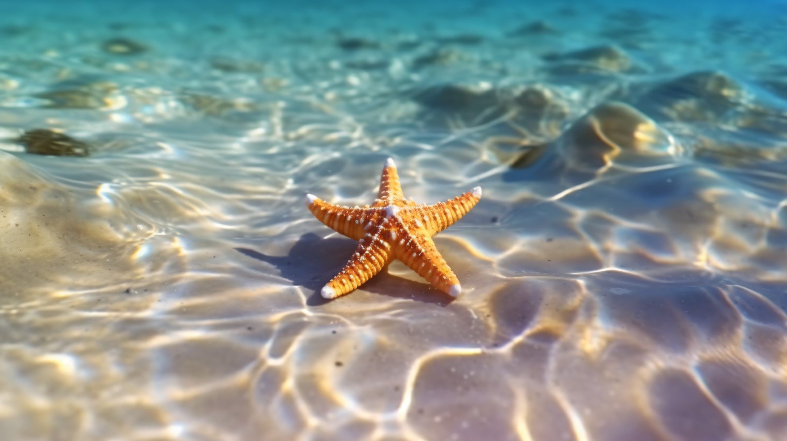 Starfish and seashell on the sandy beach in sea water 368