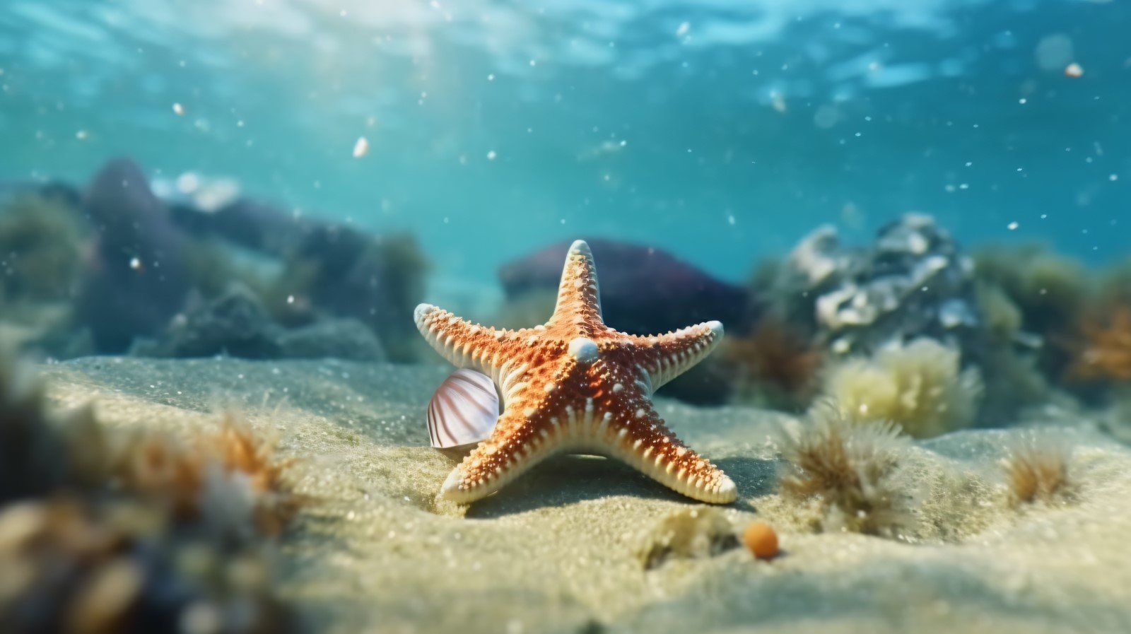 Starfish and seashell on the sandy beach in sea water 369