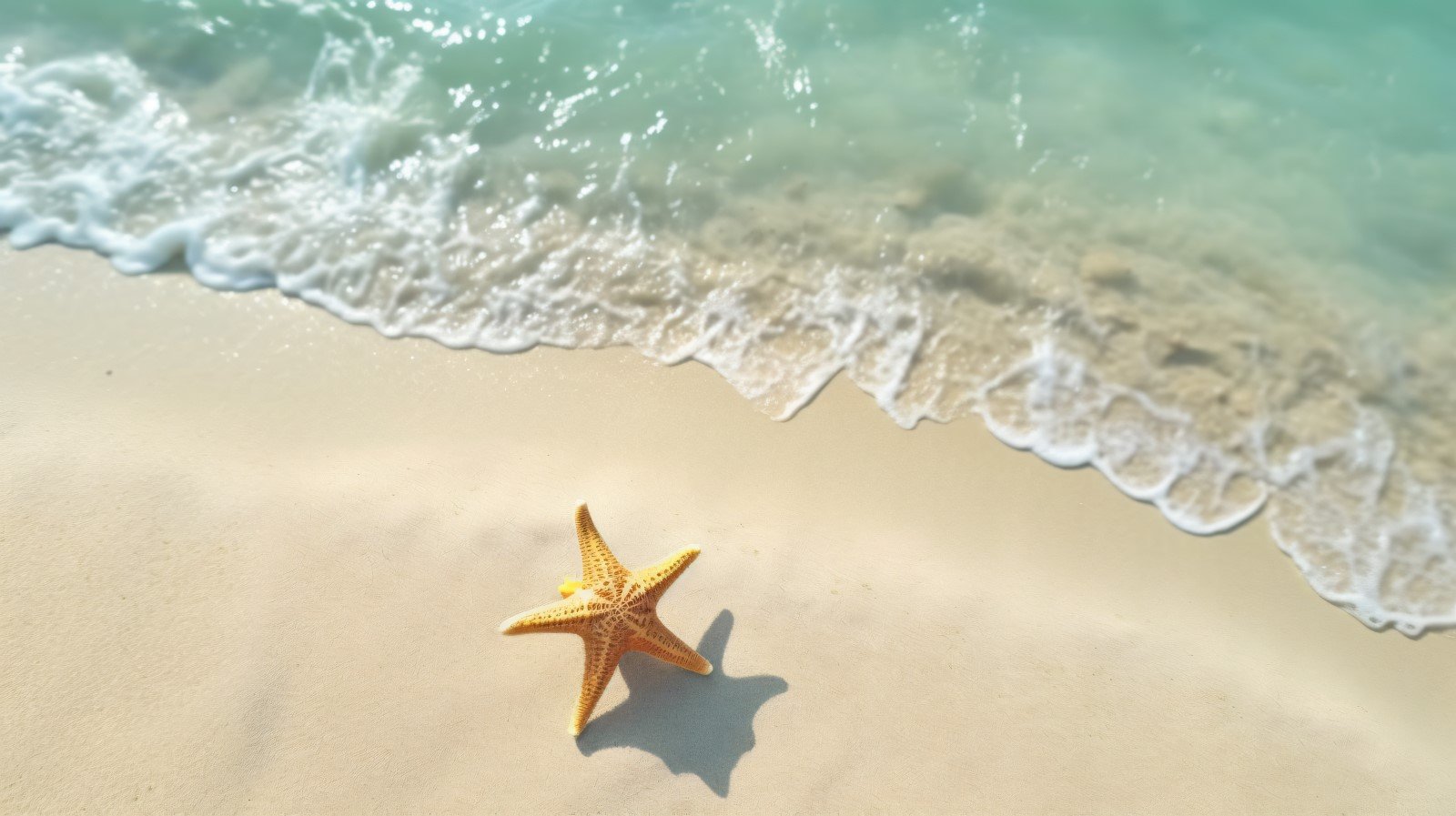 Starfish and seashell on the sandy beach in sea water 370