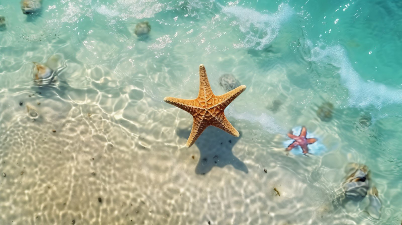 Starfish and seashell on the sandy beach in sea water 373