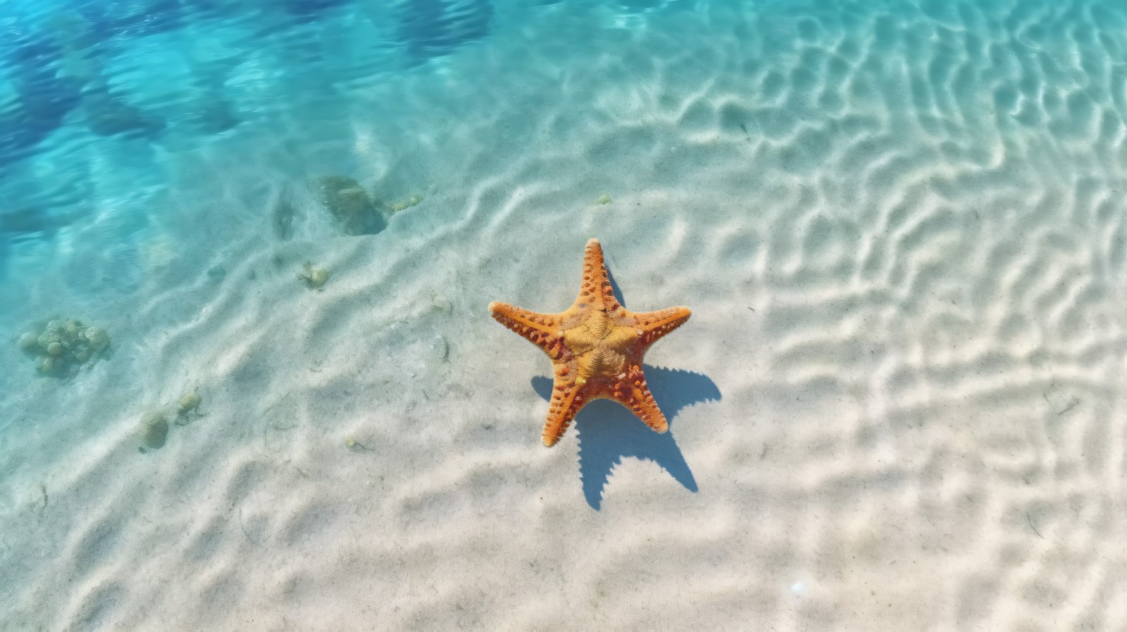 Starfish and seashell on the sandy beach in sea water 374