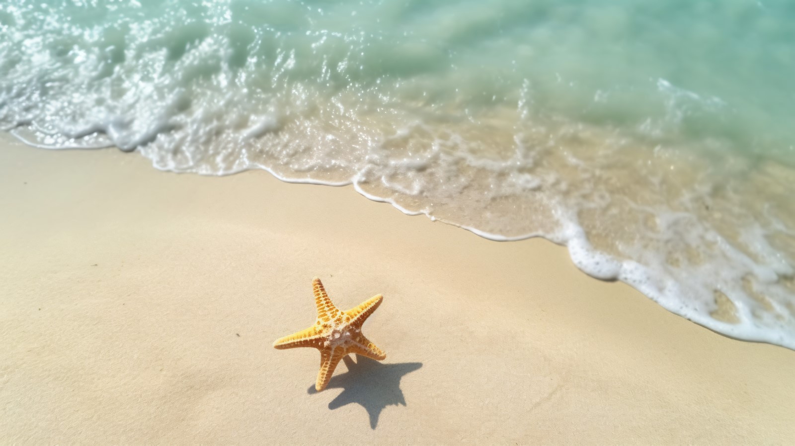 Starfish and seashell on the sandy beach in sea water 375