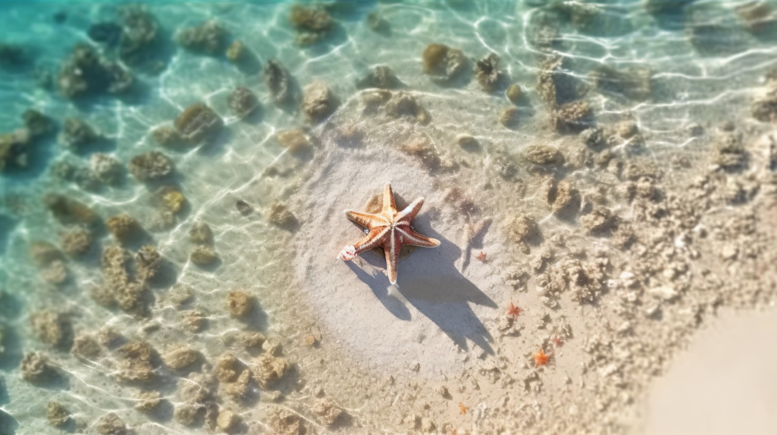 Starfish and seashell on the sandy beach in sea water 376