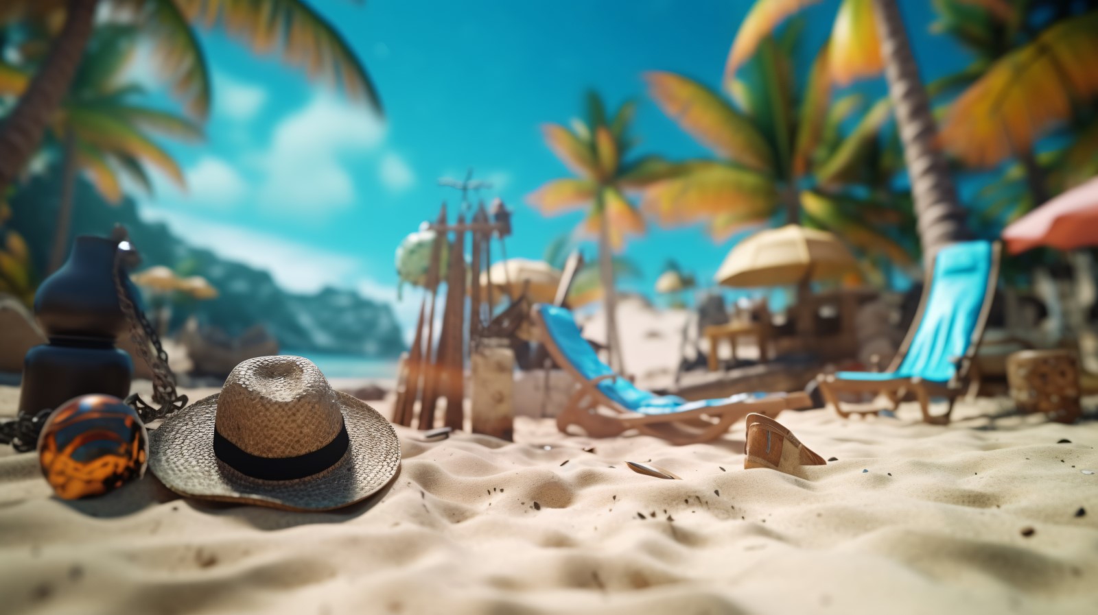 Tropical beach with sunbathing accessories, summer holiday 383