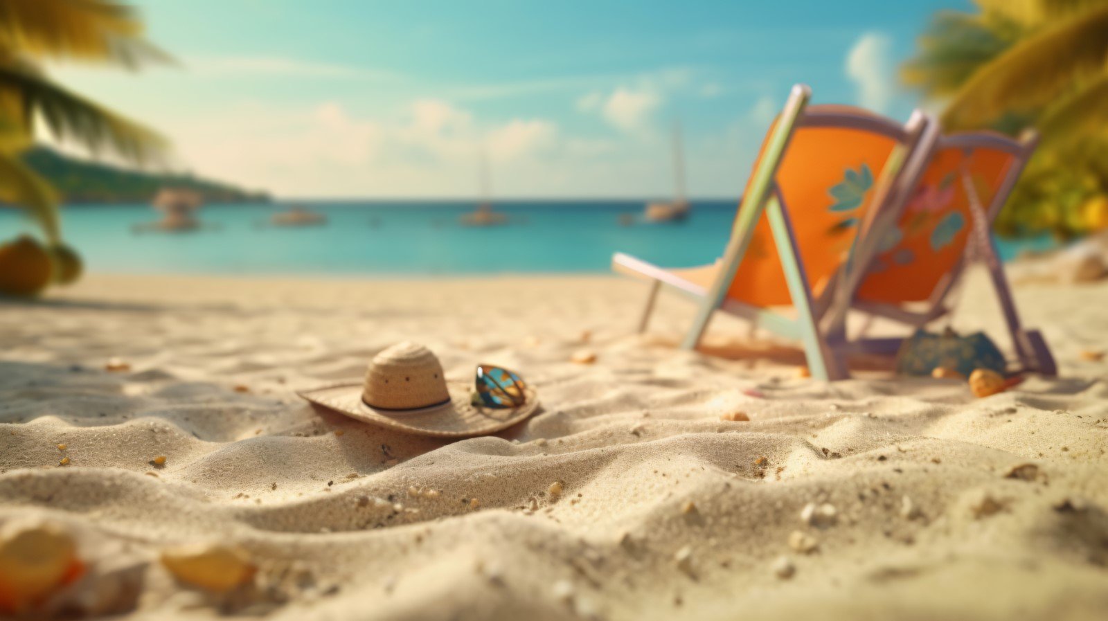 Tropical beach with sunbathing accessories, summer holiday 384