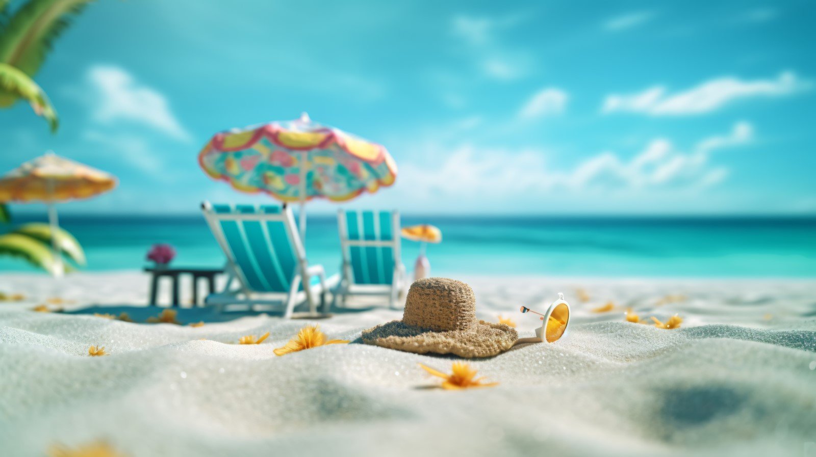 Tropical beach with sunbathing accessories, summer holiday 392