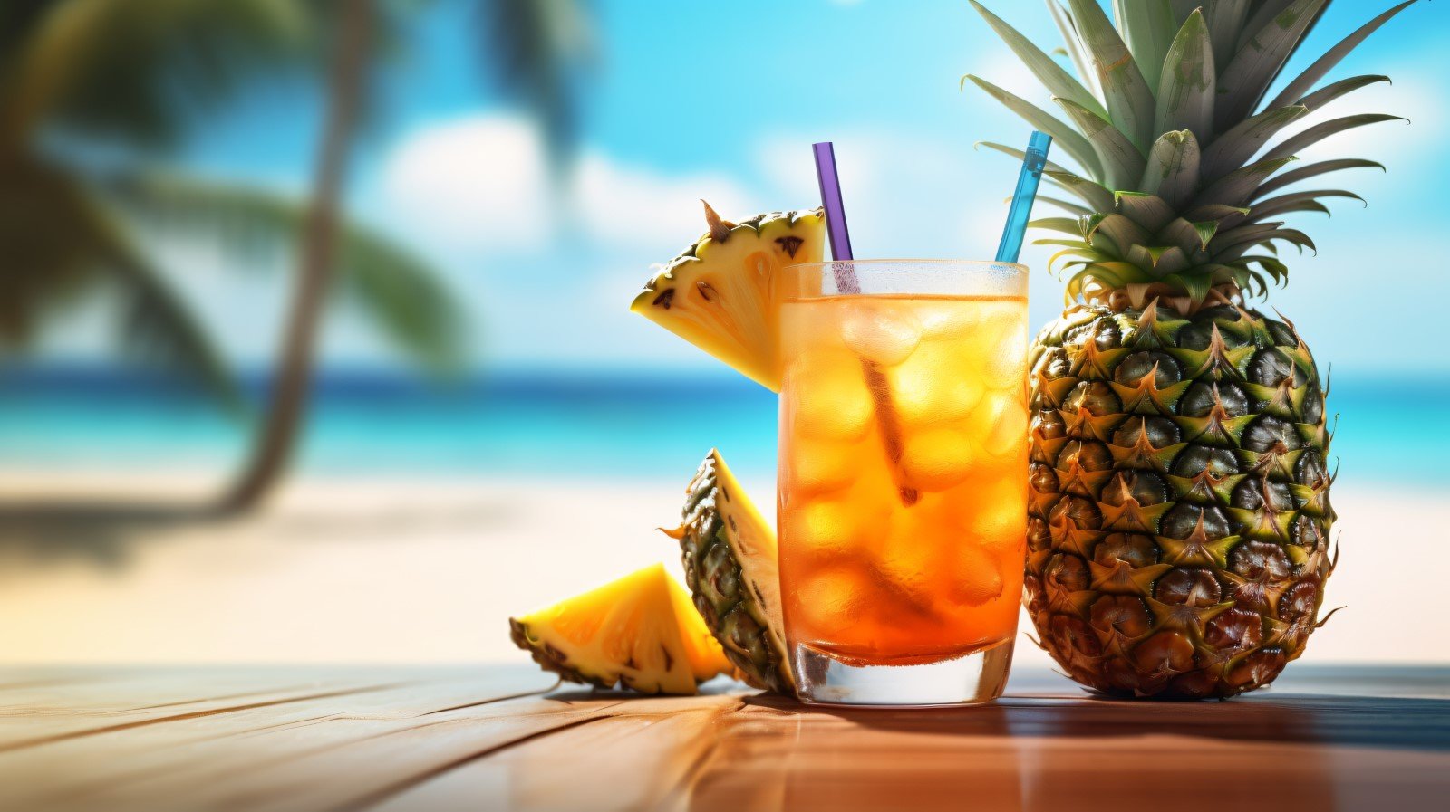 Pineapple drink in cocktail glass and sand beach scene 394