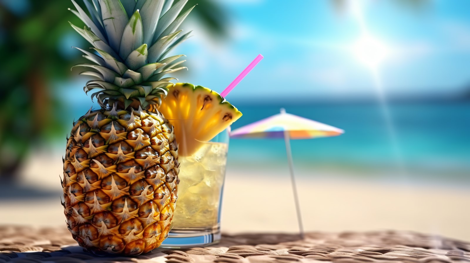 Pineapple drink in cocktail glass and sand beach scene 395