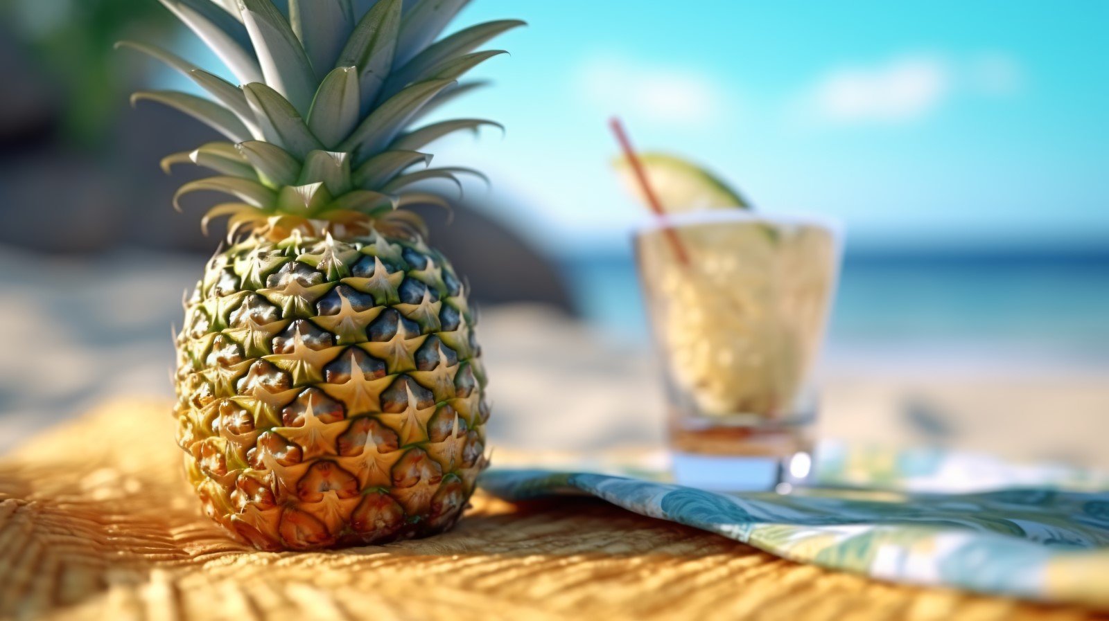 Pineapple drink in cocktail glass and sand beach scene 398