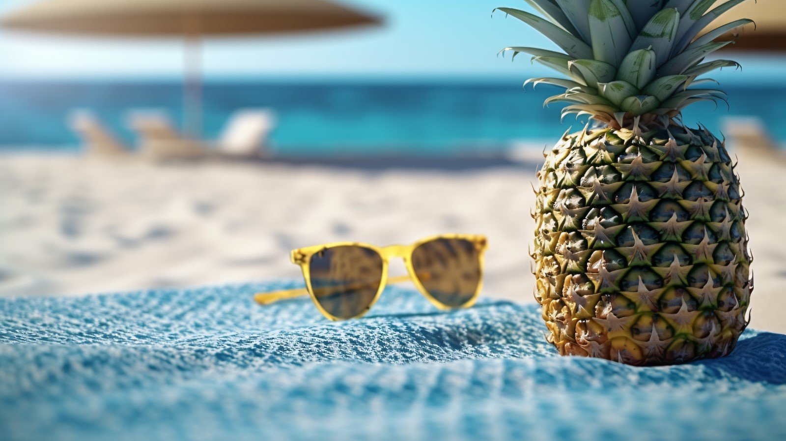 Pineapple drink in cocktail glass and sand beach scene 399