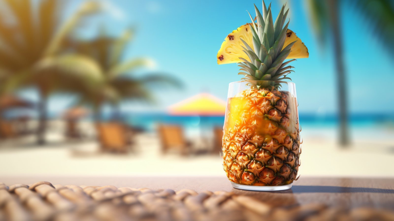 Pineapple drink in cocktail glass and sand beach scene 396