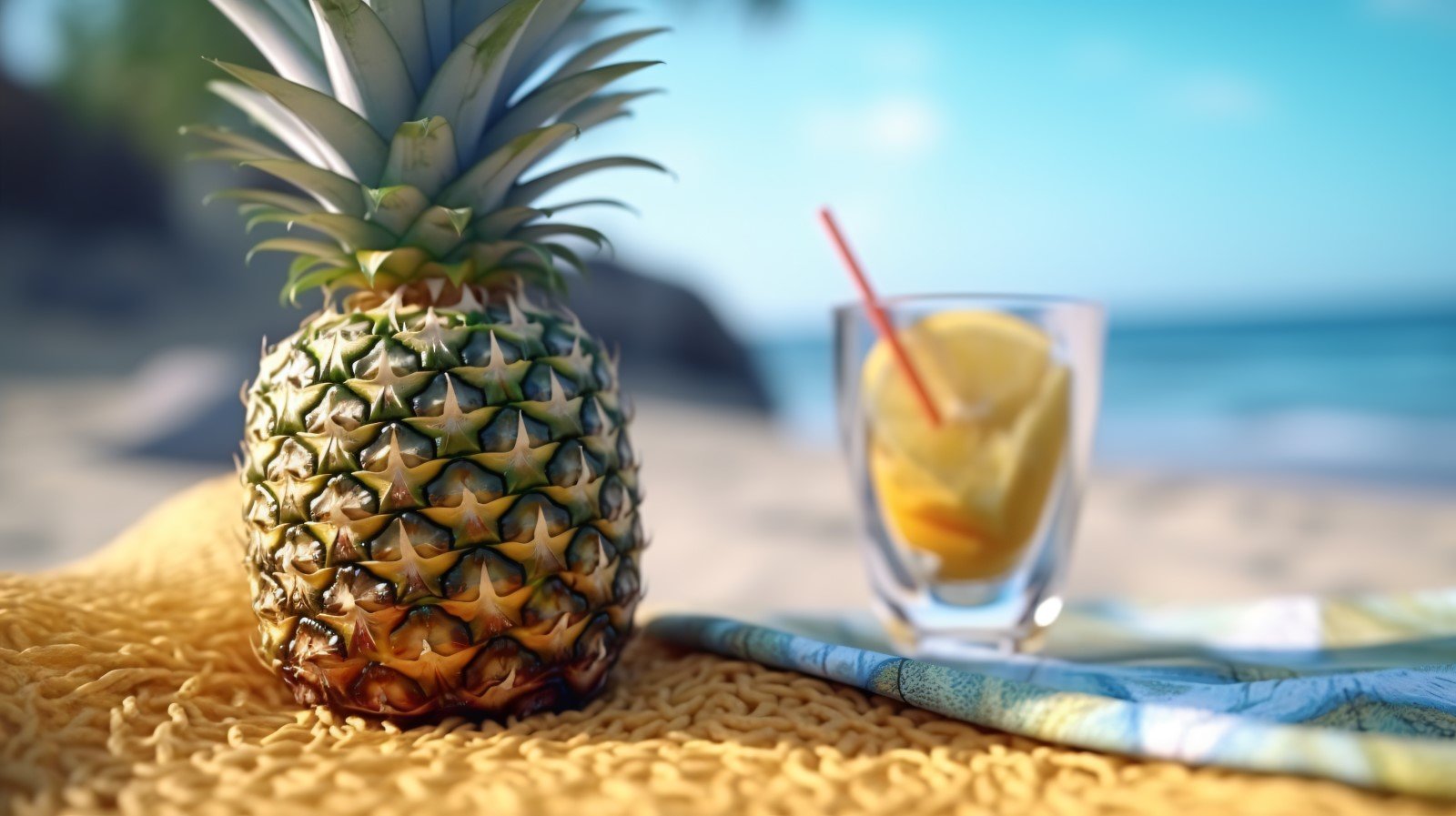 Pineapple drink in cocktail glass and sand beach scene 401